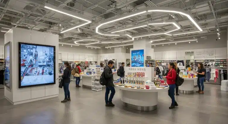 Modern retail store interior with interactive displays and engaged customers