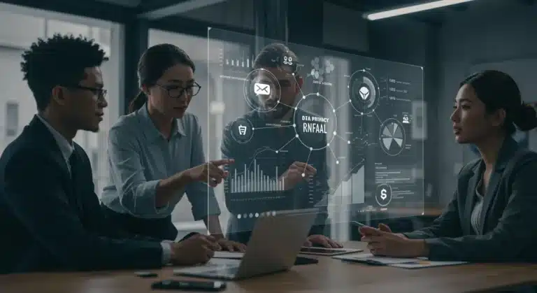 Retail team analyzing data privacy compliance with advanced tech solutions