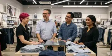 Retail Staffing 2025: Boosting Retention by 9% in US Market Happy retail employees collaborating in a modern store, embodying strong team retention and positive workplace culture.