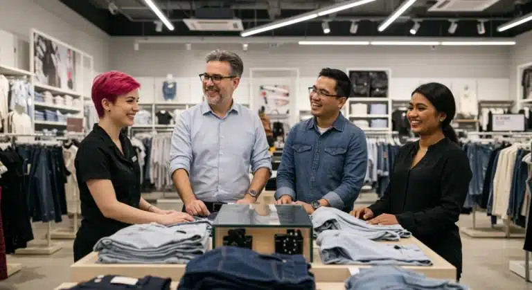 Happy retail employees collaborating in a modern store, embodying strong team retention and positive workplace culture.