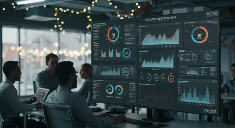 Retail professionals analyzing predictive analytics dashboard for Holiday 2025 forecasts