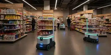 Autonomous robots streamlining tasks in a contemporary retail store, enhancing operational efficiency and customer experience.