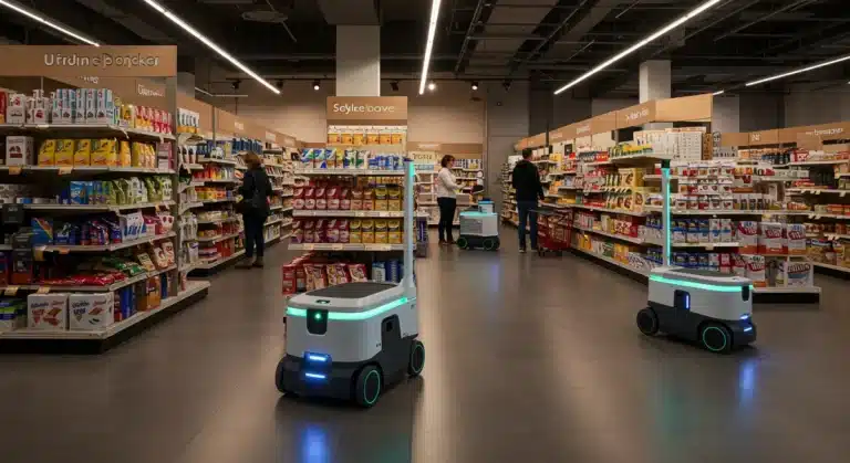 Autonomous robots streamlining tasks in a contemporary retail store, enhancing operational efficiency and customer experience.