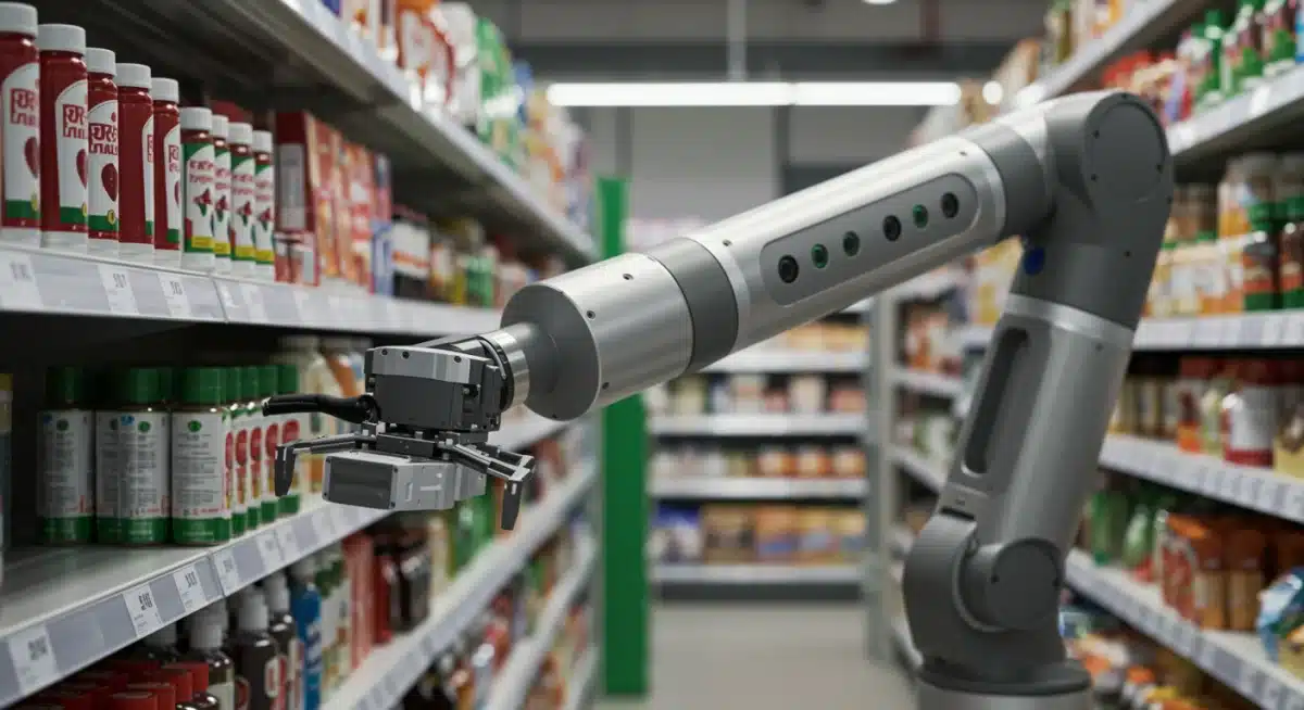 Robotic arm meticulously restocking retail shelves, showcasing precision automation in store operations.