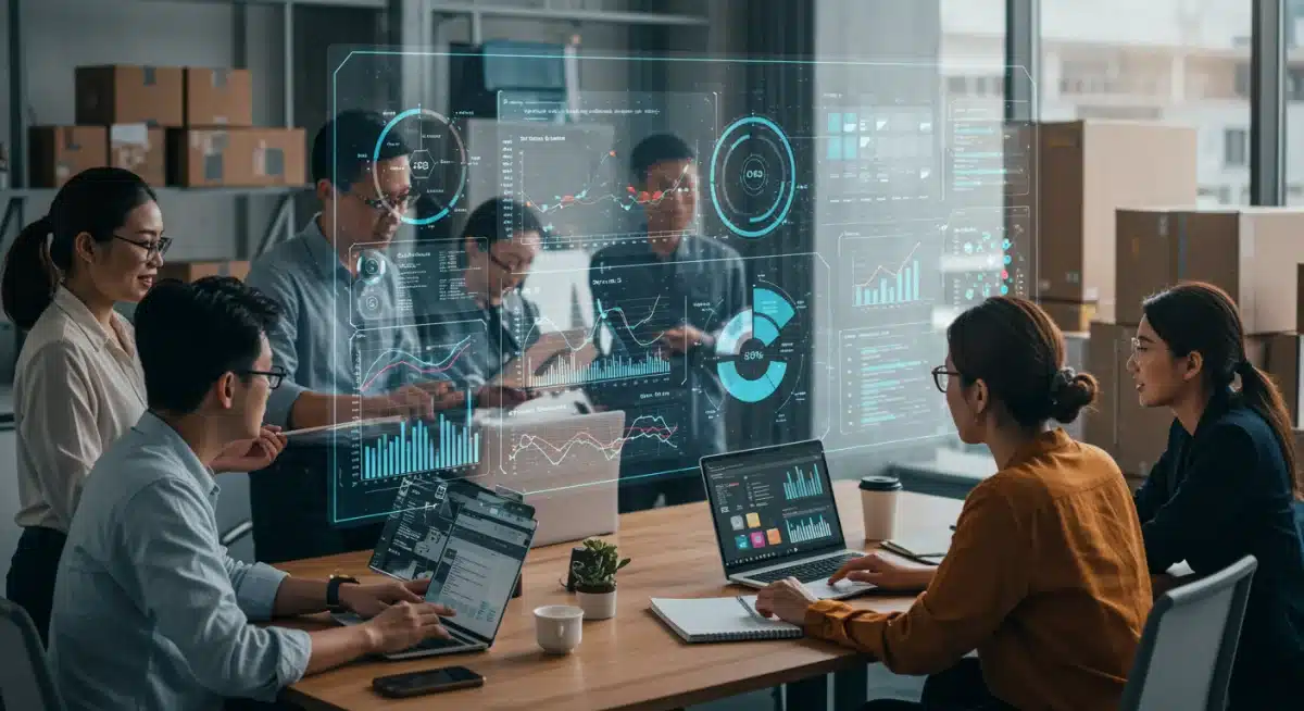 Supply chain professionals analyzing data on a digital dashboard