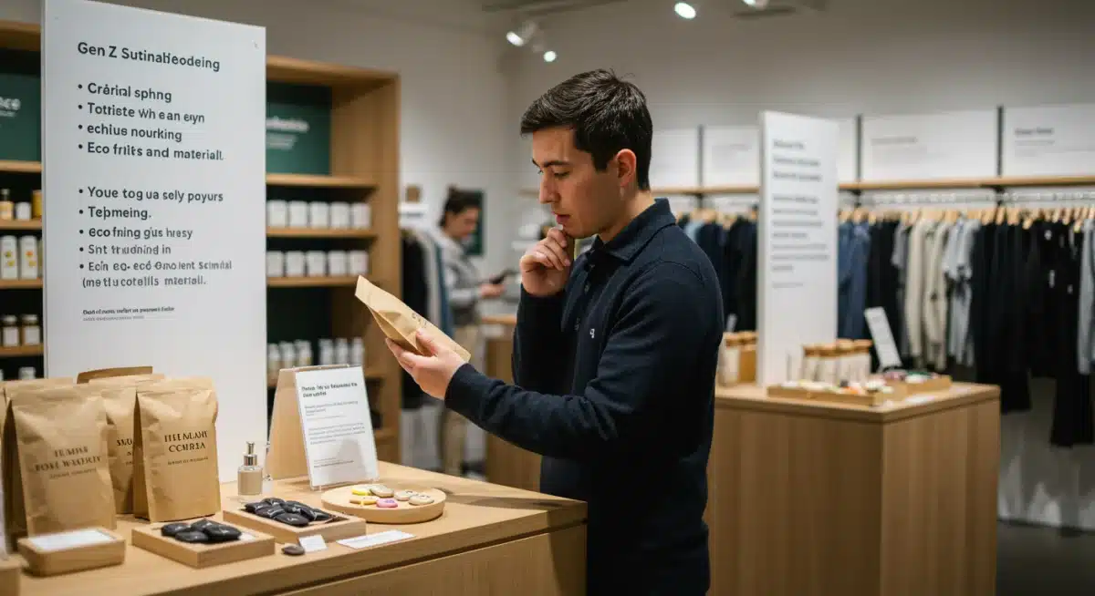 Sustainable retail store with Gen Z shopper examining products
