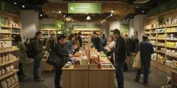 Shoppers engaging with sustainable products in an eco-friendly US retail store