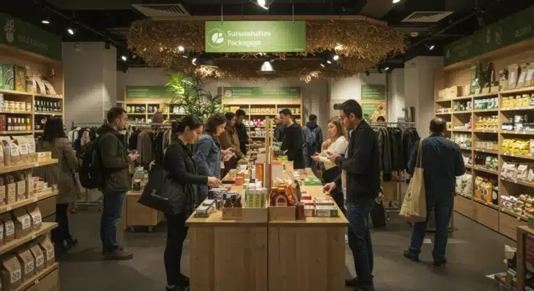 Shoppers engaging with sustainable products in an eco-friendly US retail store