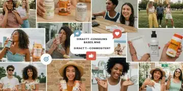 Diverse customers interacting with DTC products, user-generated content collage