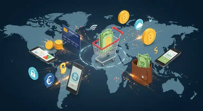 Digital payments converging on a shopping cart, symbolizing US e-commerce innovation