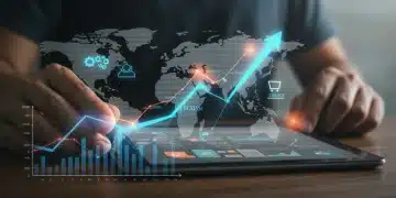 Digital marketplace interface with growth charts and US map background