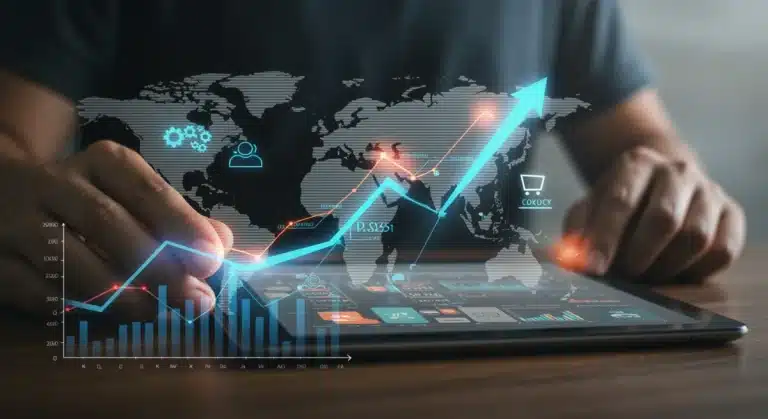 Digital marketplace interface with growth charts and US map background