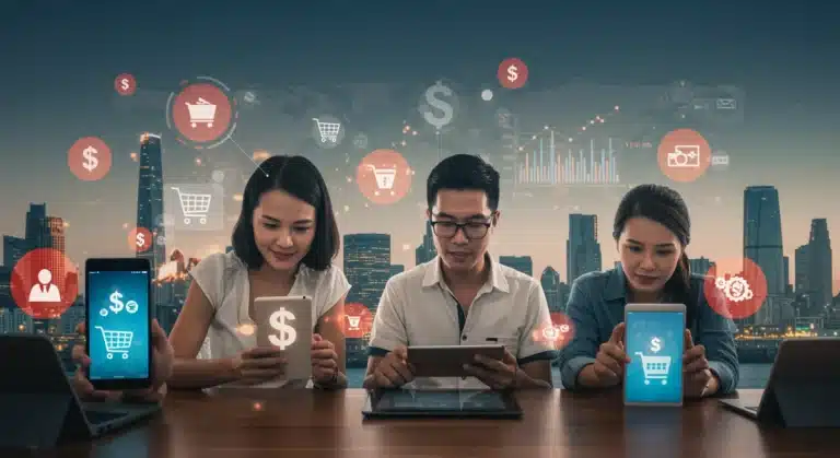 People in the US engaging in mobile shopping on various devices, symbolizing future e-commerce trends and growth.