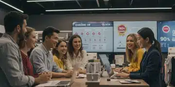 Happy customers interacting with a retail associate in a modern store, symbolizing high customer satisfaction.