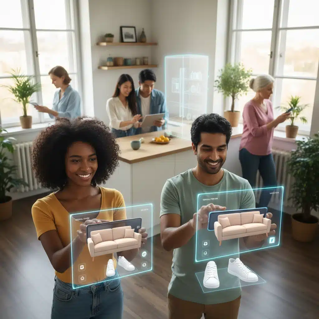 Consumers using augmented reality on smartphones to visualize products, showcasing immersive shopping experiences.