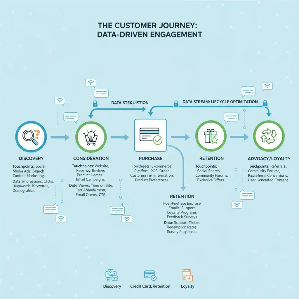 Customer journey infographic with data collection points and analytics insights.
