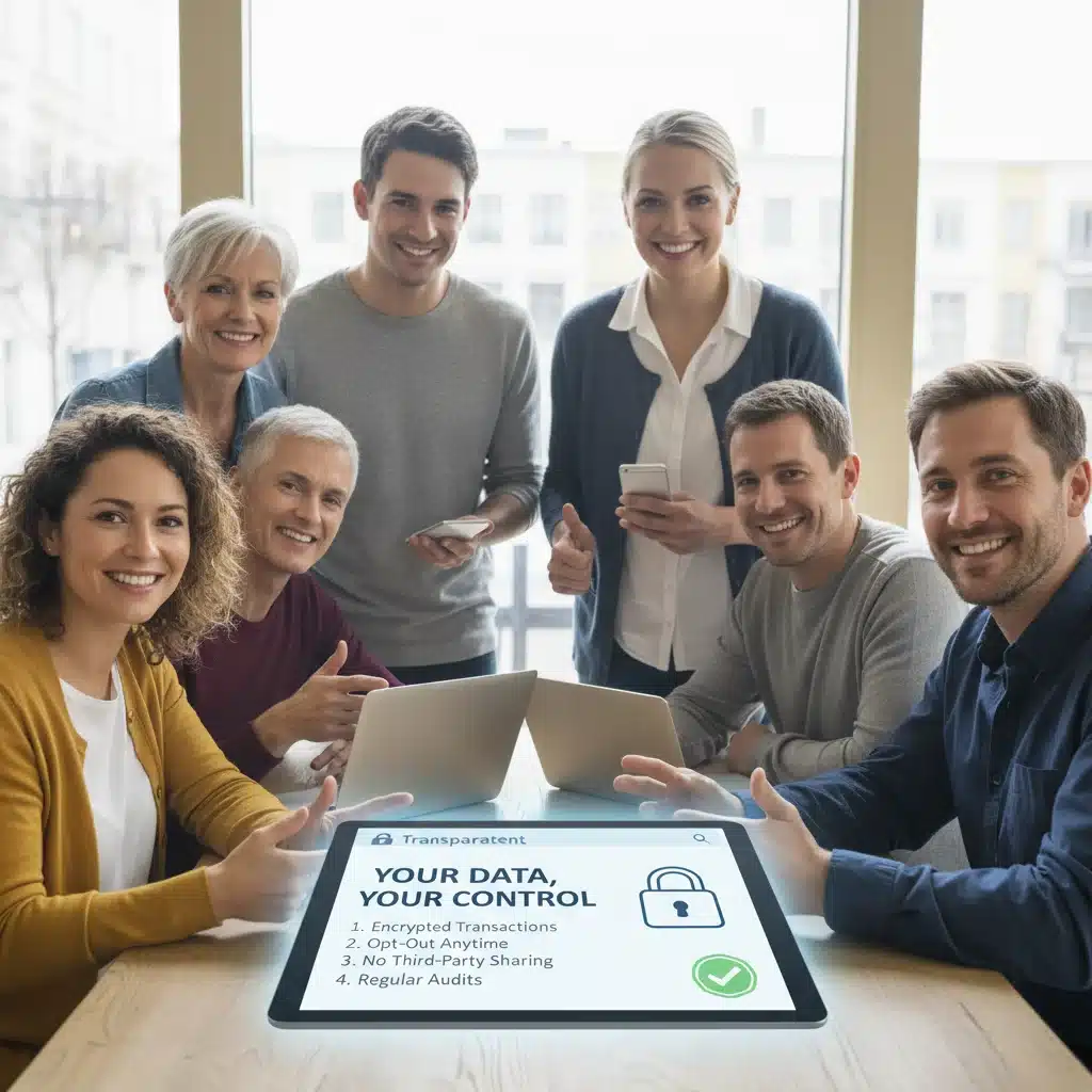 Satisfied online shoppers viewing a transparent data privacy policy, indicating trust