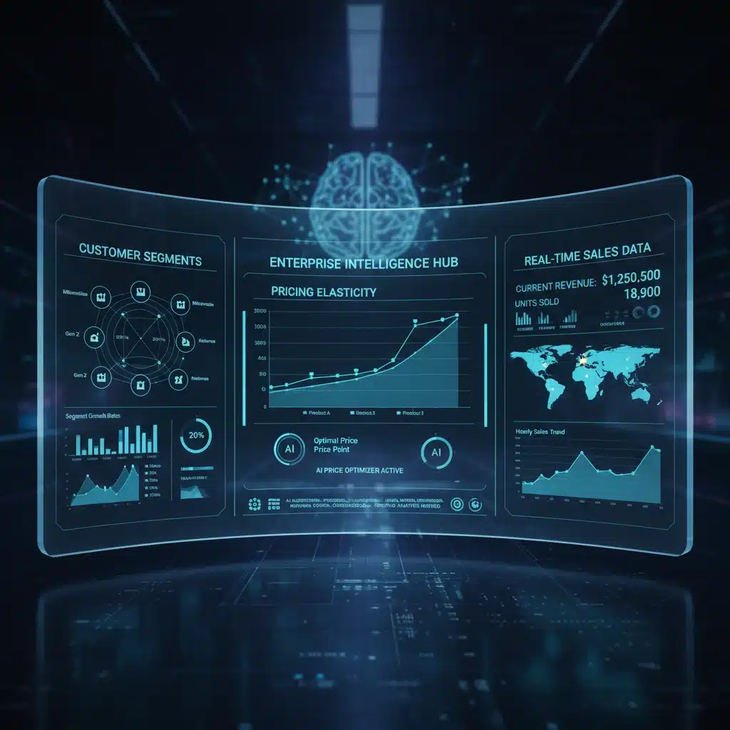 Data analytics dashboard showing real-time customer segmentation, pricing elasticity, and revenue projections, with AI symbols.
