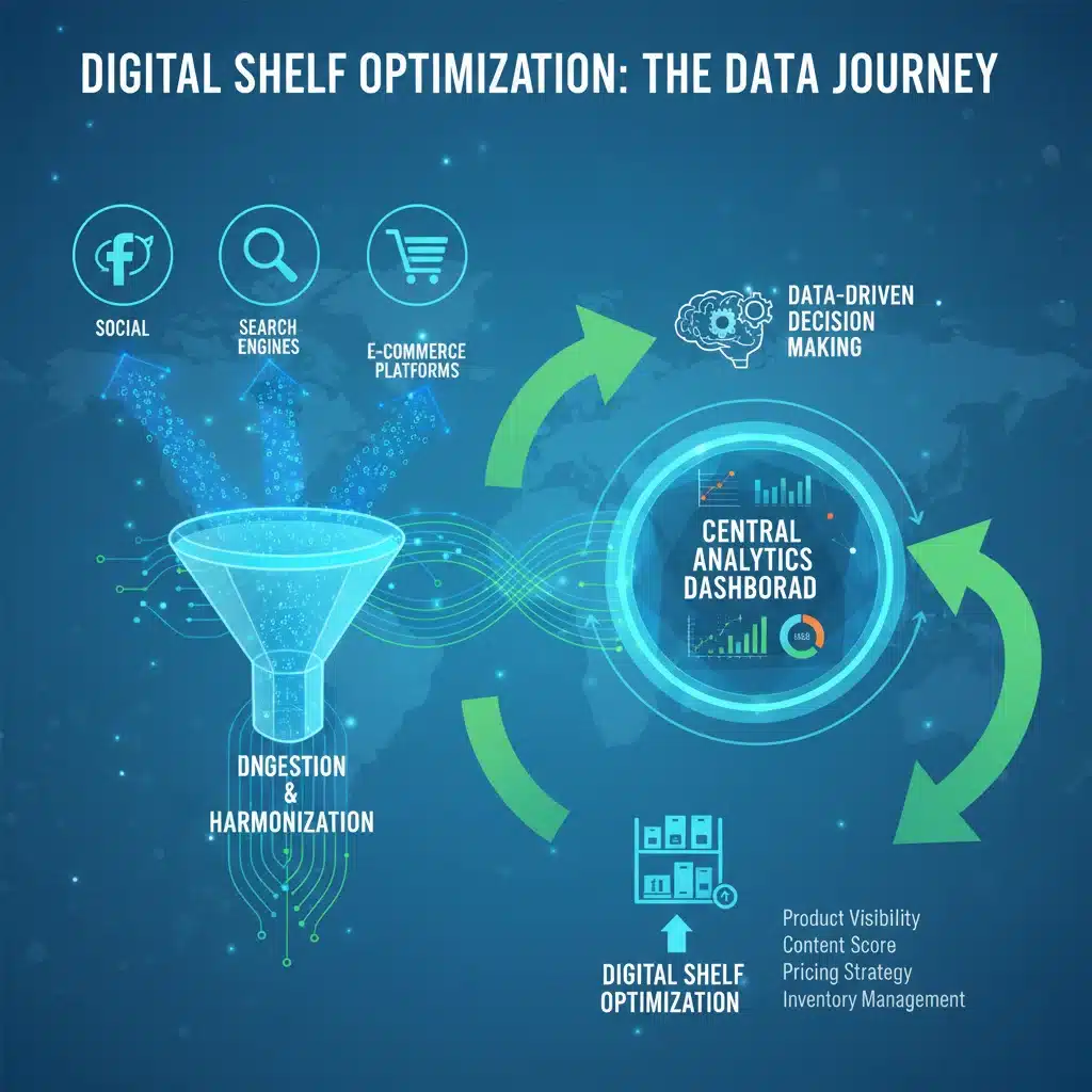 Infographic illustrating data flow from online channels to an analytics dashboard for digital shelf optimization.