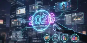 Futuristic digital shopping interface with interconnected products and a 2026 overlay, symbolizing online product discovery.