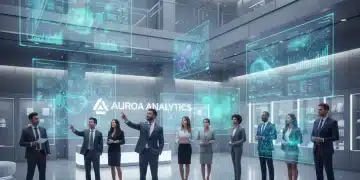 Futuristic retail store with data analytics dashboards and professionals optimizing strategy.