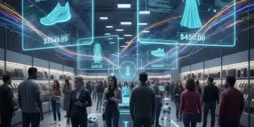 Futuristic retail environment showcasing personalized pricing and dynamic offers on holographic screens, with diverse shoppers interacting with tailored promotions.