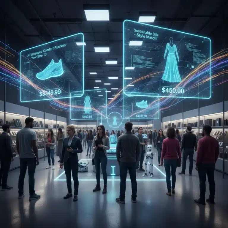Futuristic retail environment showcasing personalized pricing and dynamic offers on holographic screens, with diverse shoppers interacting with tailored promotions.