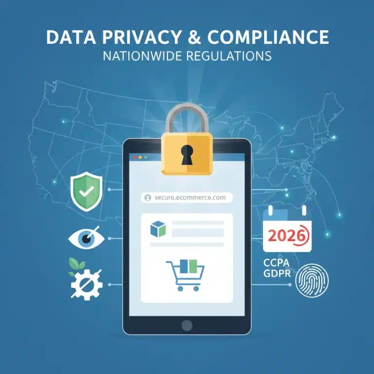 Secure e-commerce website with padlock and data privacy symbols for 2026 U.S. regulations