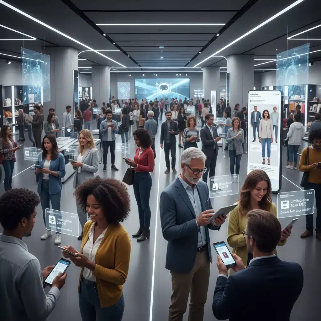 Diverse shoppers receiving personalized mobile offers and notifications in a modern retail environment, highlighting customer engagement.