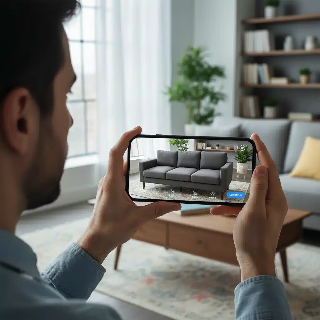 Customer using AR app to place virtual sofa