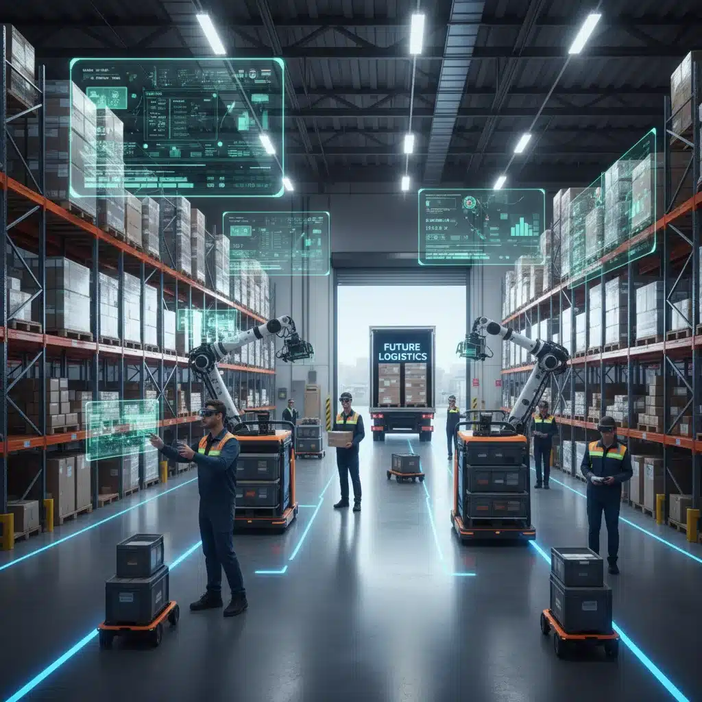 Warehouse with robots and workers, AR supply chain