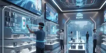 Futuristic retail store showcasing real-time data processing with edge computing