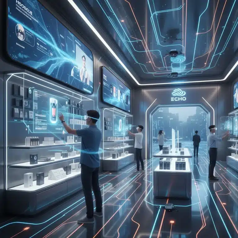 Futuristic retail store showcasing real-time data processing with edge computing