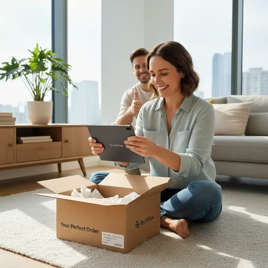 Happy customer unboxing perfect product, effective returns prevention