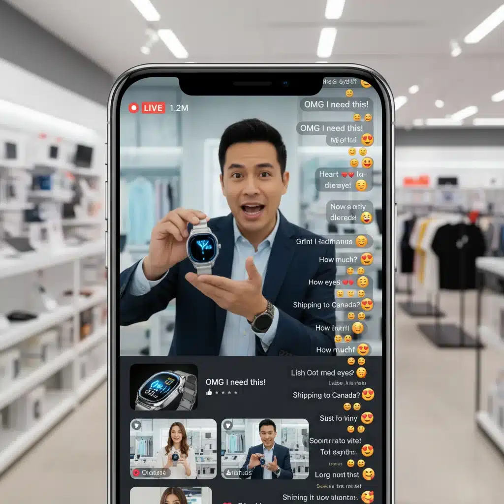 Live shopping event on a smartphone, showing interactive customer engagement