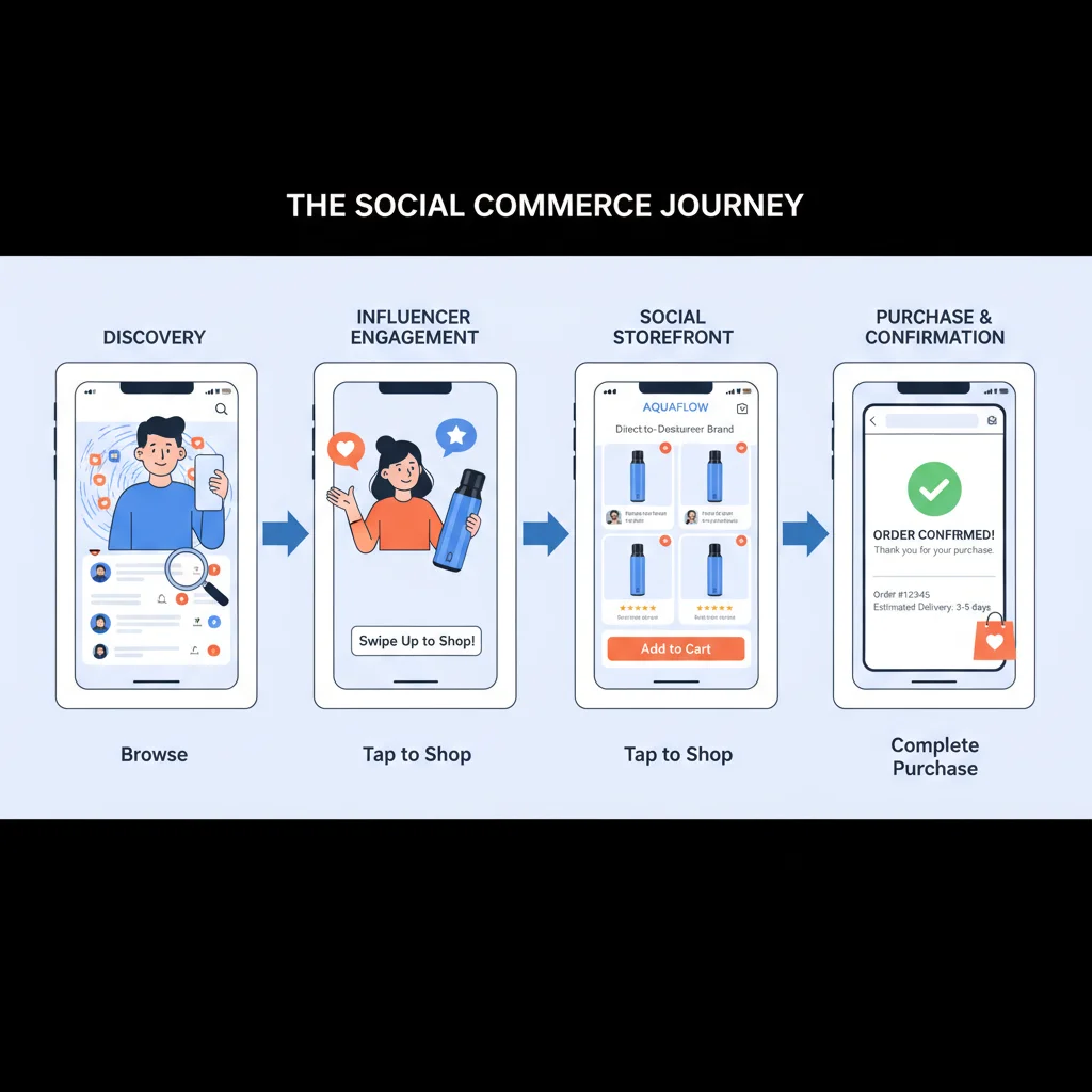 Infographic showing the social commerce customer journey from discovery to purchase