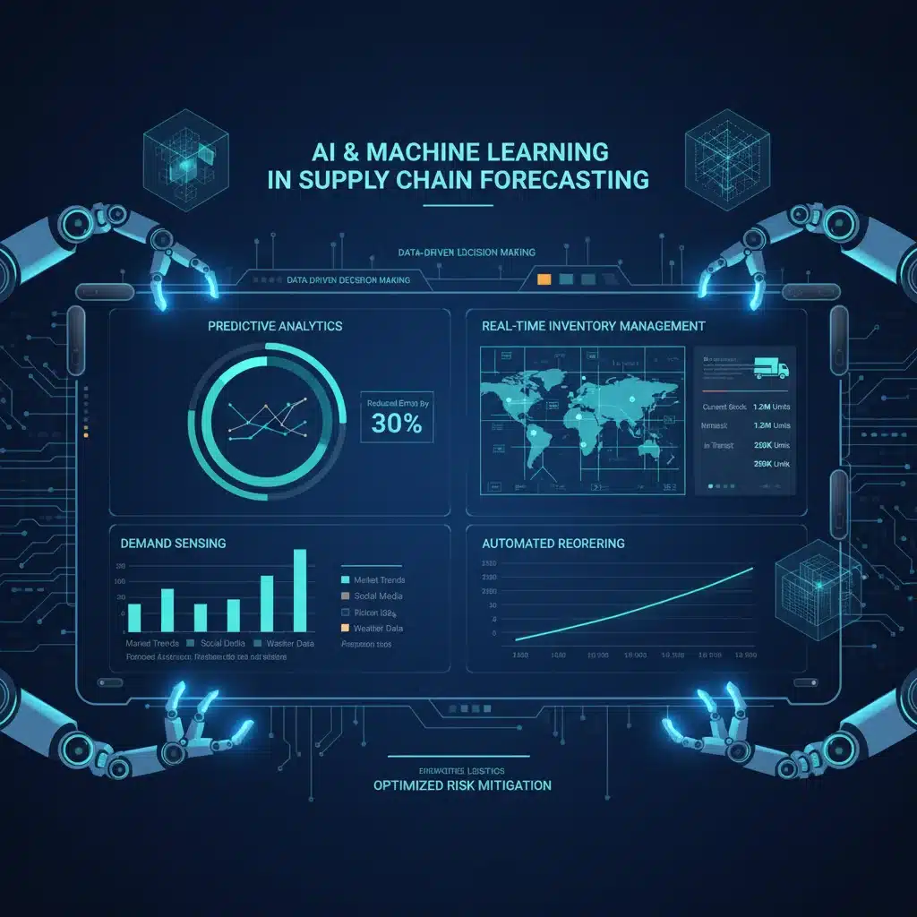 Infographic depicting AI and machine learning integration for supply chain forecasting and inventory management.