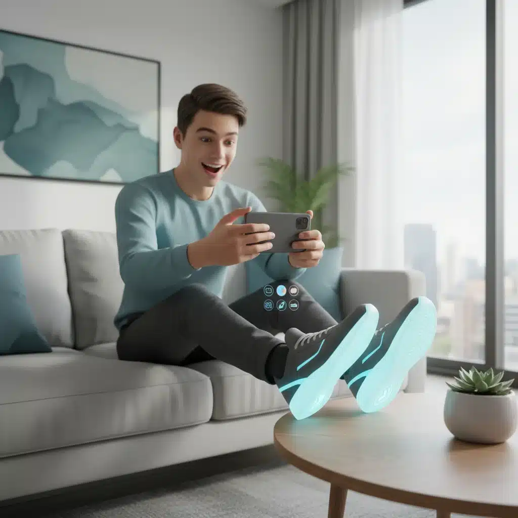 Customer virtually trying on shoes with augmented reality on a smartphone, showcasing immersive shopping.