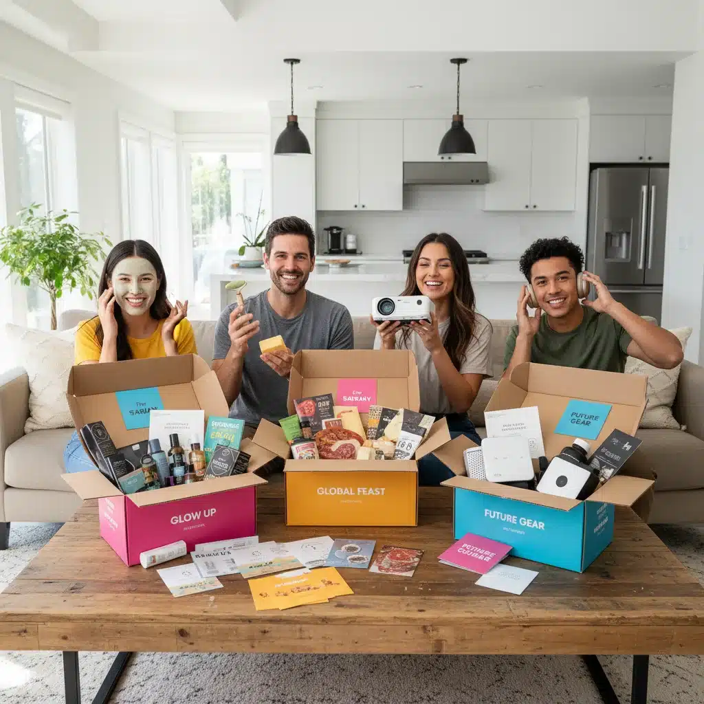 Consumers happily unboxing personalized subscription boxes, showcasing variety and satisfaction.