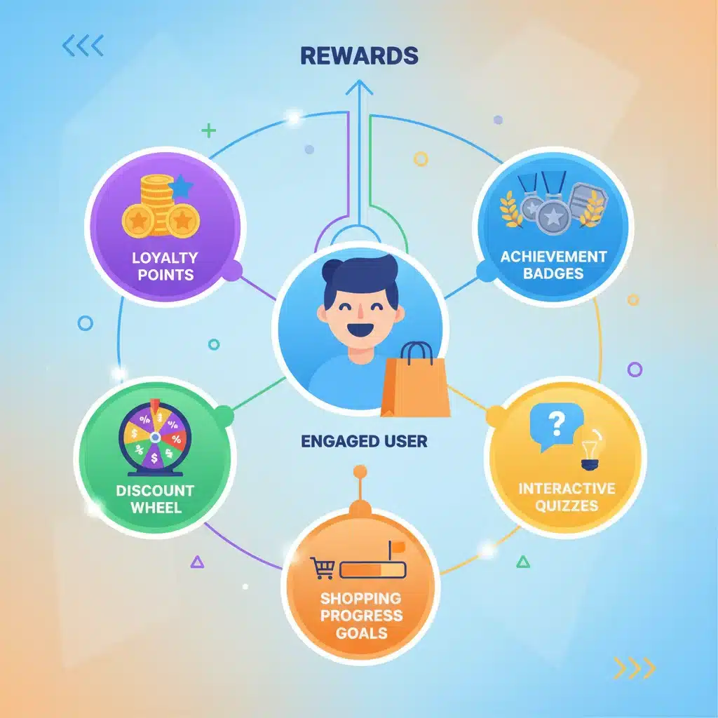 Infographic showing e-commerce gamification elements like loyalty points, badges, and interactive quizzes for customer engagement.