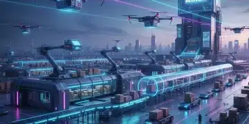 Futuristic logistics hub with drones and robots ensuring rapid 2-day e-commerce delivery by 2026