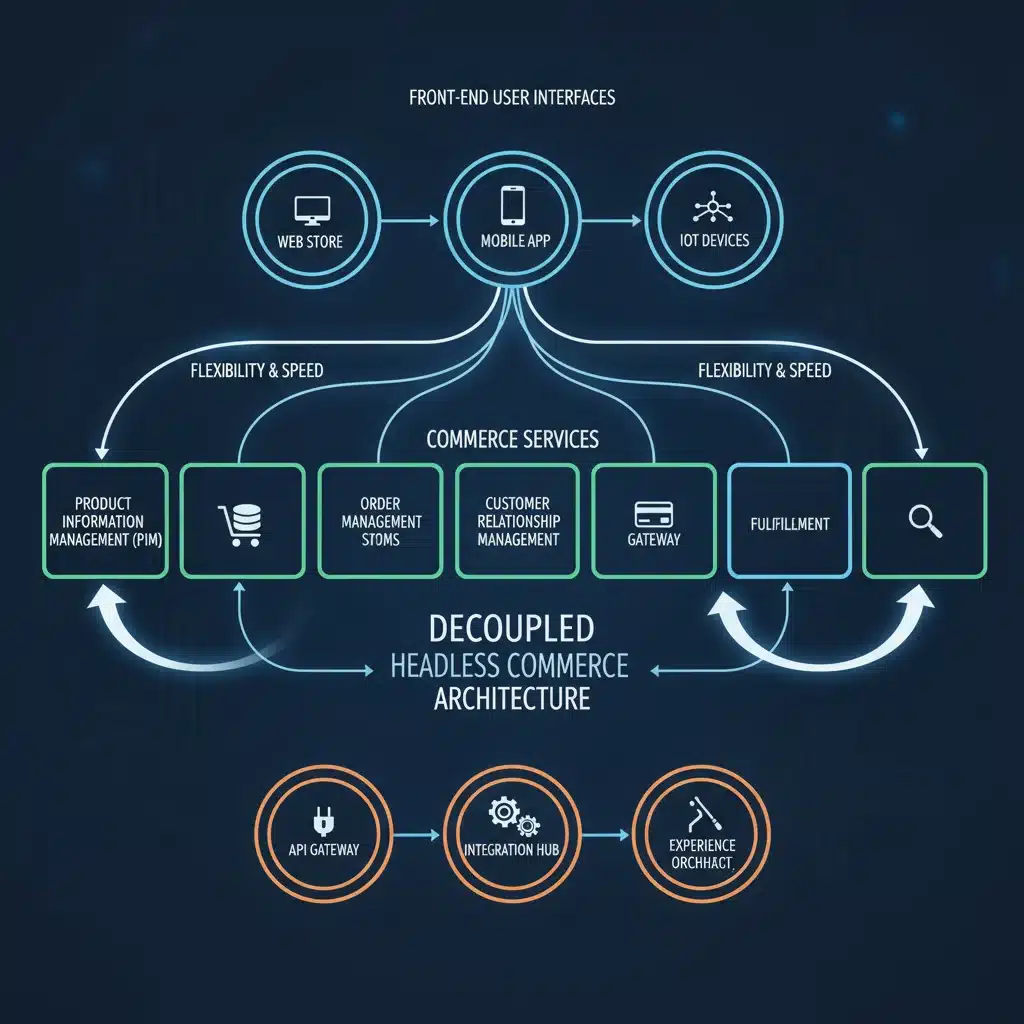 Decoupled architecture of a headless commerce system, showing front-end and back-end separation.