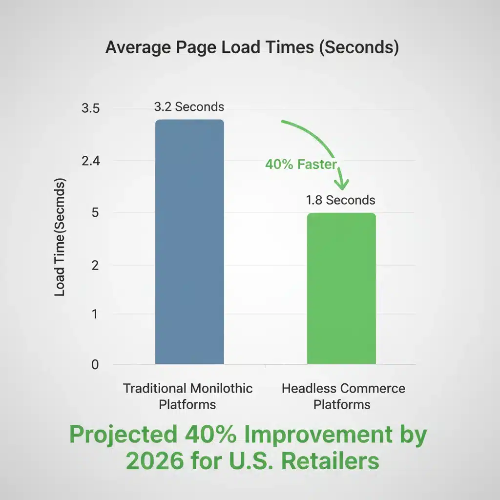 Bar chart comparing page load speeds: monolithic vs. headless commerce, showing 40% improvement.