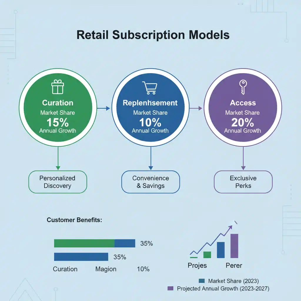 Infographic detailing various retail subscription model types and their market share projections.