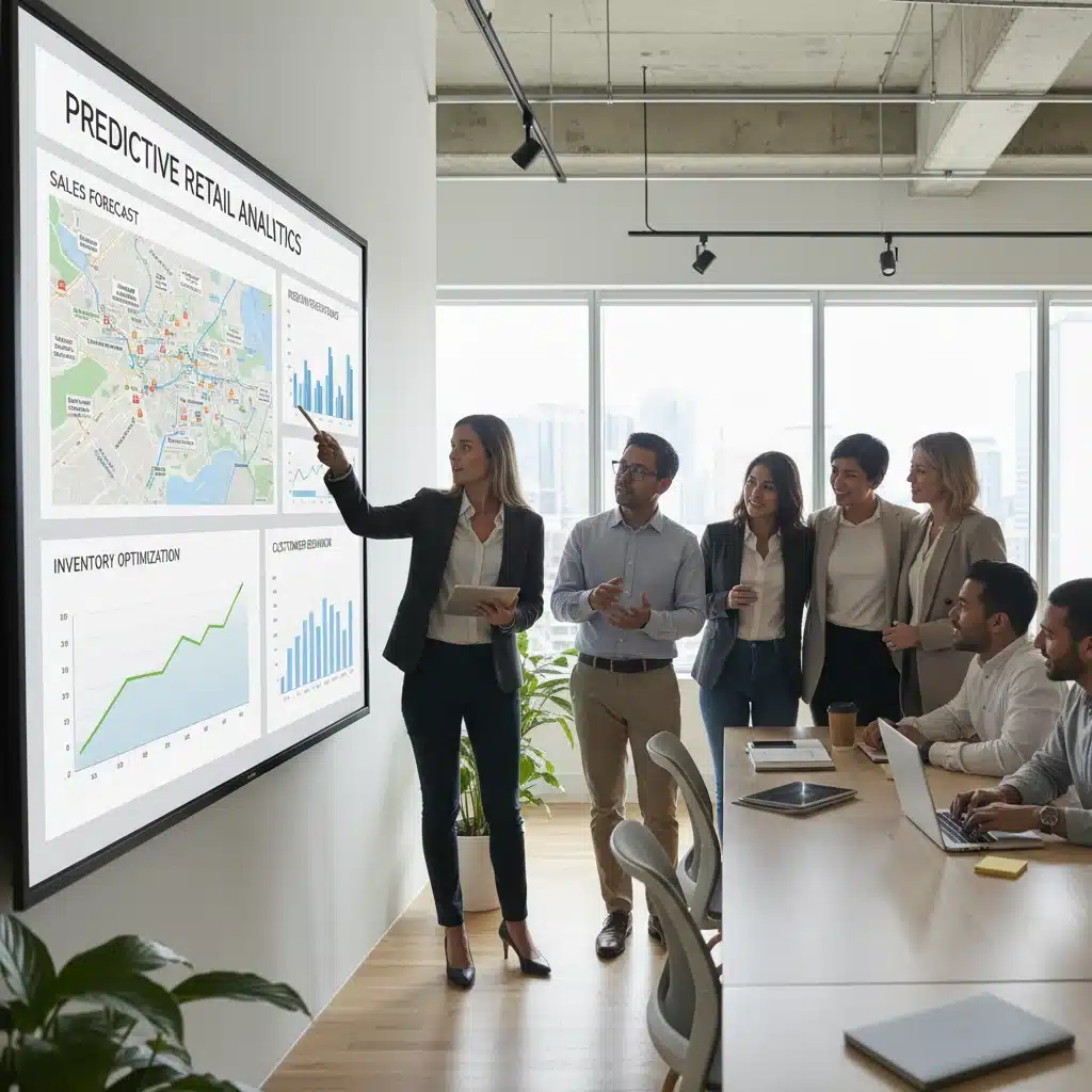 Retail team collaborating with predictive analytics dashboards