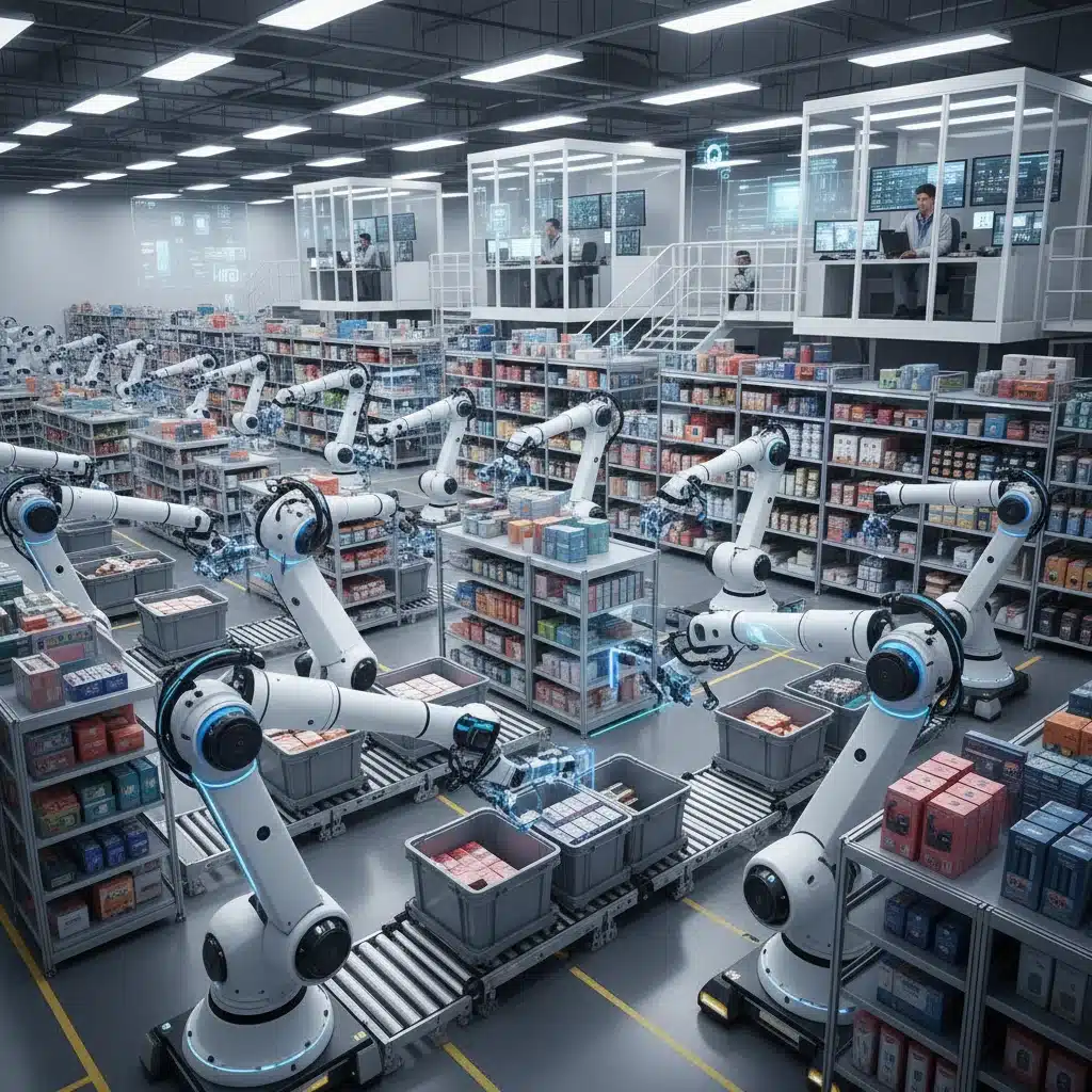 Robotic fulfillment center efficiently picking and packing e-commerce orders