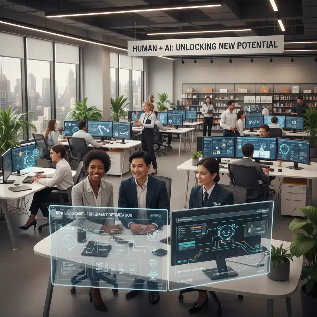 Retail team collaborating with RPA technology for enhanced productivity