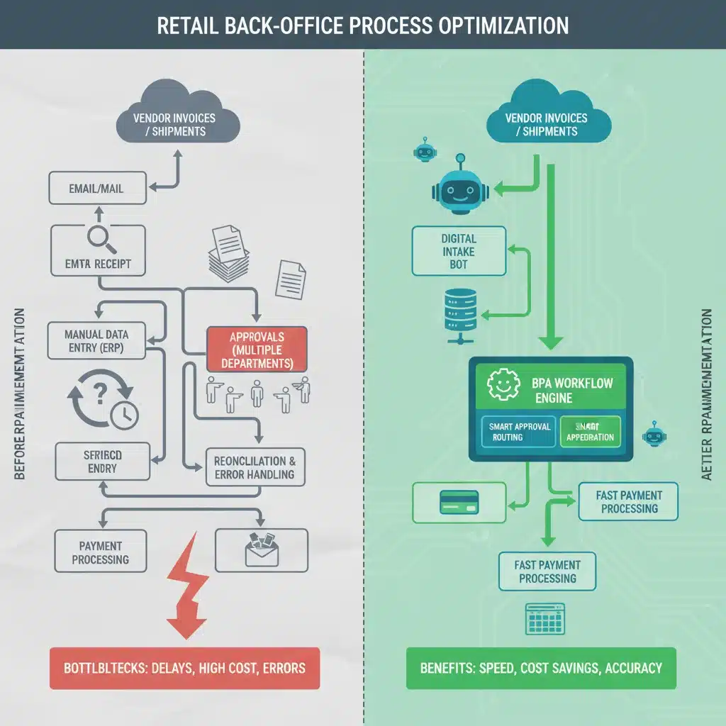 Workflow diagram showing manual vs. automated retail back-office processes with RPA