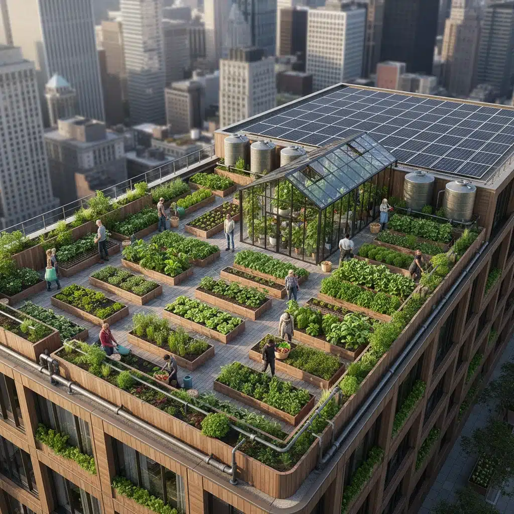 Urban rooftop garden with solar panels and community gardeners
