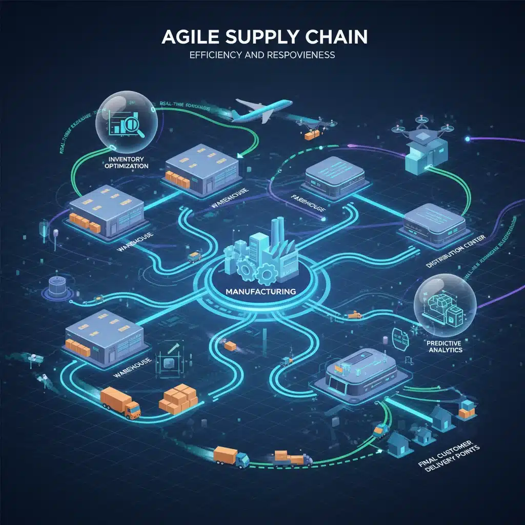Visual representation of an agile and interconnected retail supply chain with various distribution and delivery methods.